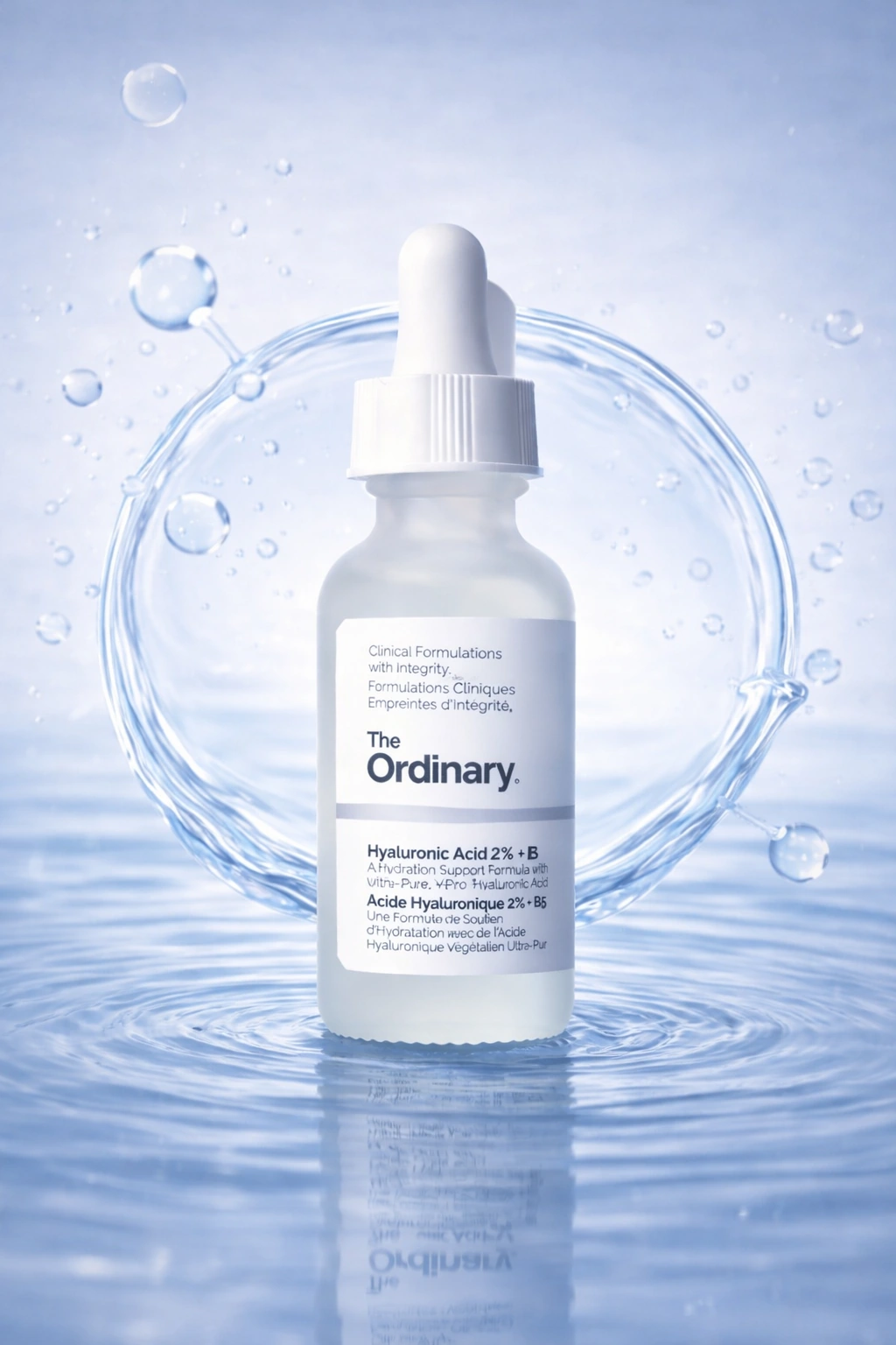 The Ordinary Hyaluronic Acid 2% + B5 serum with blue water and droplets.